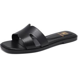 Women's Black Square Open Toe Slip On Beach Summer Flat Slide Sandals